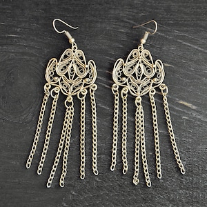 Turkish Ethnic Filigree Earrings, Silver Boho Chain Earrings