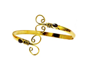 Spiral Arm Band, Gold Brass Arm Cuff, Upper Armlet with Garnet Stones