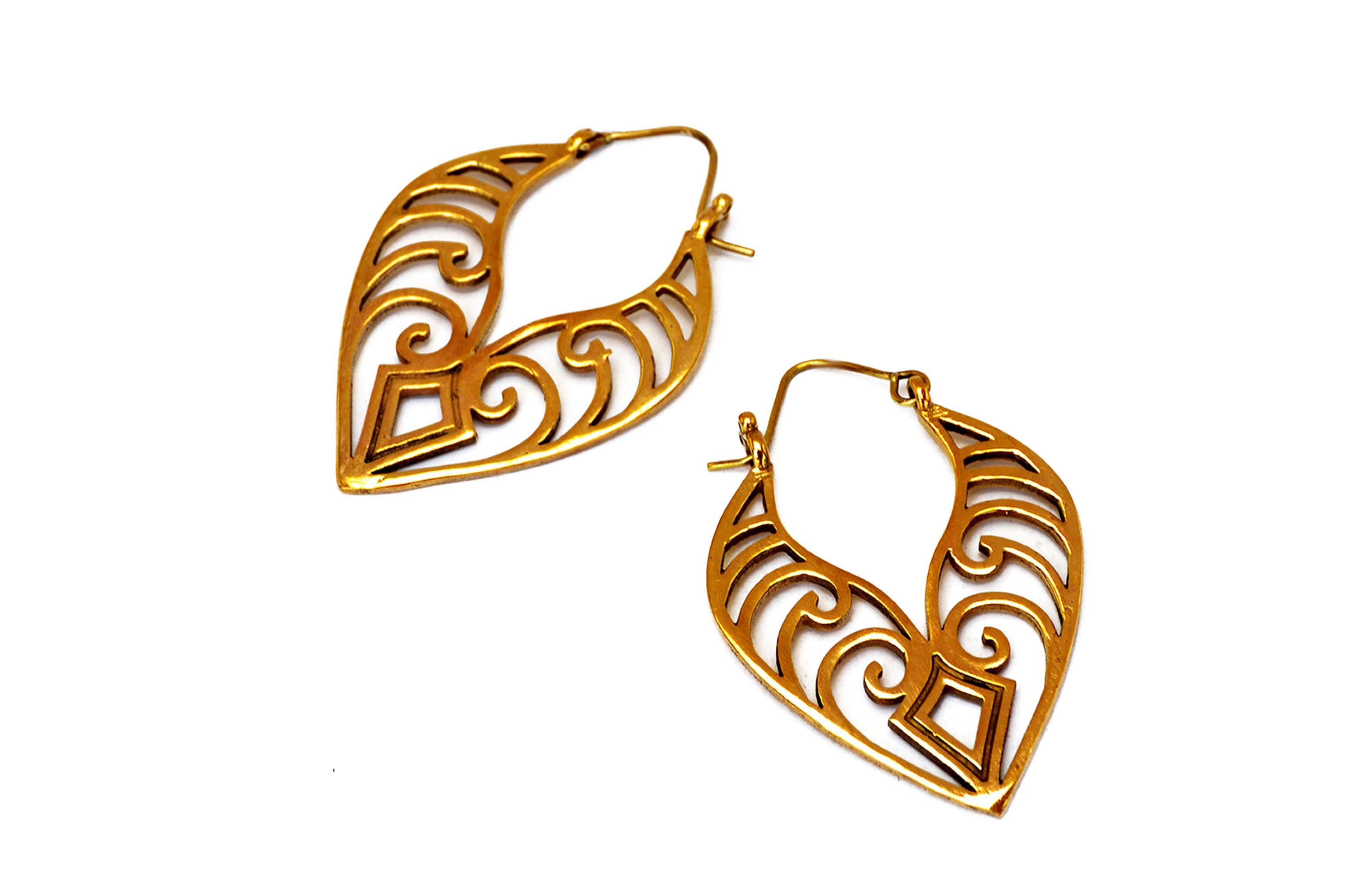Gorgeous Large Ethnic Creole Earrings, Maori Gold Earrings, Big Leaf Shape, Tribal Jewelry