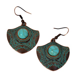 Tribal Aztec Arrow Earrings with Blue Patina Copper, Bohemian Jewelry for Women