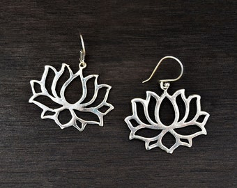 Silver Dangle Yoga Earrings, Lotus Flower Earrings, Spiritual Jewelry