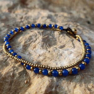 Blue and Gold Anklet, Ankle Bracelet with Blue Crystals and Brass Beads, Elegant Foot Bracelet, Summer Jewelry
