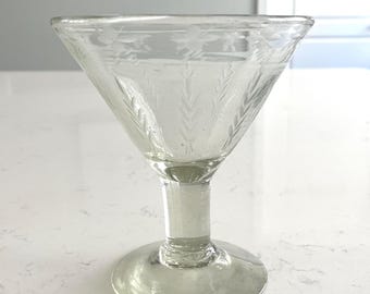 Vintage Hand Blown Margarita Glass, etched, made in Mexico with Recycled Glass