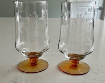 Pair Vintage Crystal water goblets with amber stem