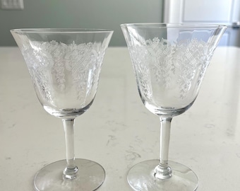 Pair Vintage Fostoria etched small wine crystal goblets thin elegant glass c. 1935-1945