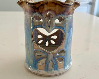 Ceramic tealight candle holder Greg Olson Art Pottery Blue Drip Glaze Cut Outs  heart pottery