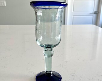 Hand-Blown Mexican recycled glass wine goblet cobalt blue rim