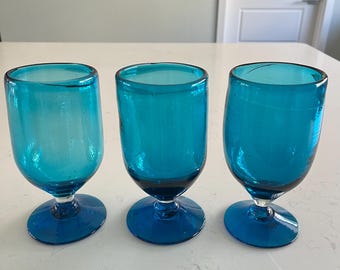 Vintage Artisan Mexican hand-blow Aqua glass goblets set of3