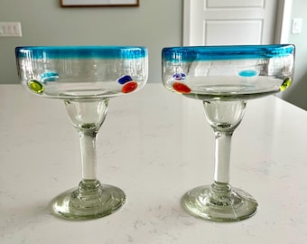 2 Hand-Blown Margarita Glasses: Confetti Design, Mexican Artisan Glassware