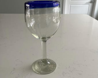 Hand-Blown Mexican recycled glass water/ wine goblet cobalt blue rim 8" tall