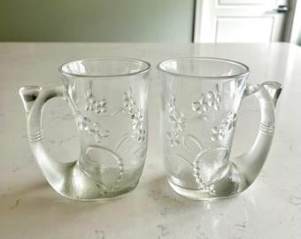 Vintage Toyo Glass Horn Mugs, Floral Design, Made in Japan, Set of 2