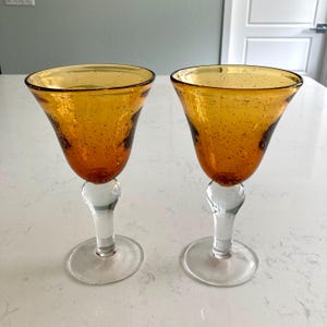 Vintage Artland-Iris Pair of Amber bubble glass Hand Blown Wine/Water Goblets