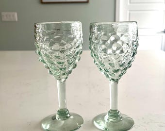 Pair Hand Blown Recycled Green Wine Goblets with bubbles vintage glass