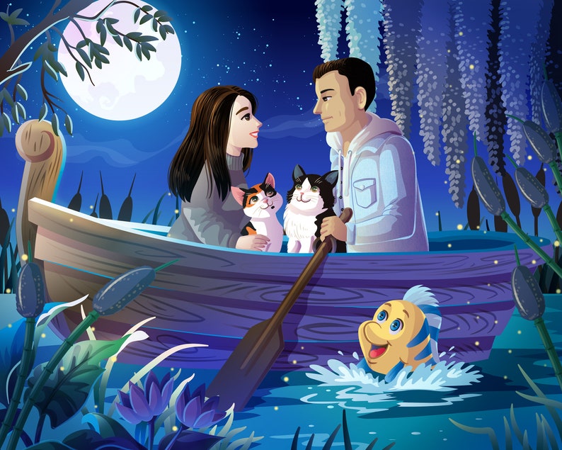 Little Mermaid-Inspired Commissioned Romantic Couple Portrait Boat Scene Digital File Only by Euodos image 3