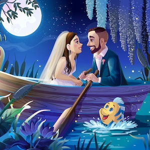 Little Mermaid-Inspired Commissioned Romantic Couple Portrait Boat Scene - Digital File Only by Euodos