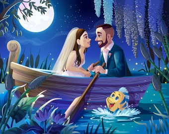 Little Mermaid-Inspired Commissioned Romantic Couple Portrait Boat Scene - Digital File Only by Euodos