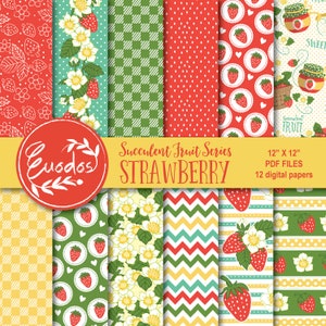 Strawberry Digital Paper  for Scrapbook Journal Succulent Fruit Series by Euodos