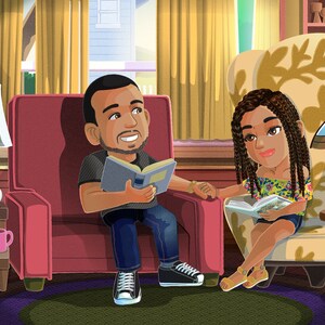 May include: A man and a girl sit in armchairs reading books. The man is wearing a gray shirt and blue jeans. The girl is wearing a floral top and denim shorts. They are both smiling.
