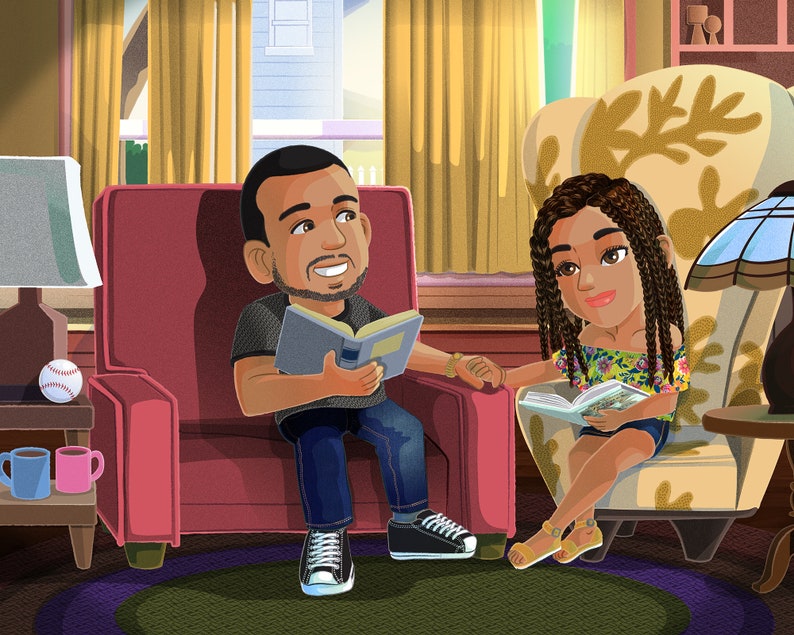 May include: A man and a girl sit in armchairs reading books. The man is wearing a gray shirt and blue jeans. The girl is wearing a floral top and denim shorts. They are both smiling.