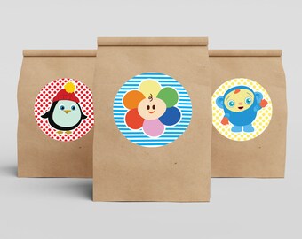 PRINTABLE 3.5 inch circle Custom Baby First TV loot bag sticker by Euodos