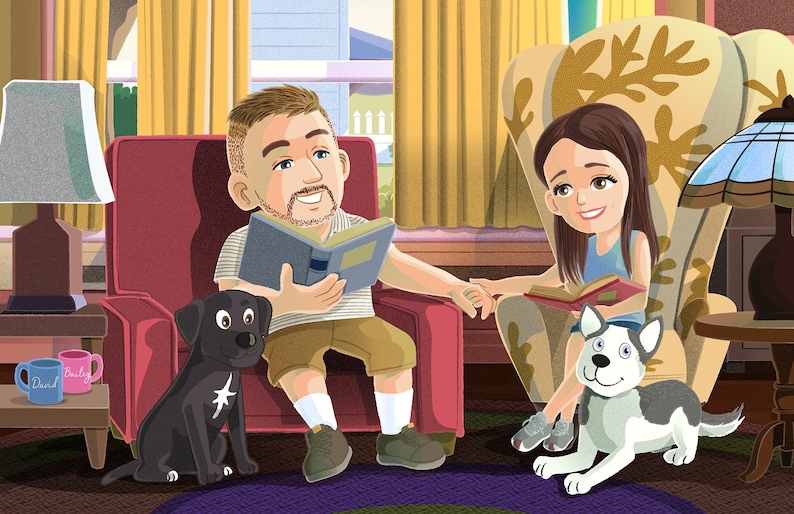 May include: A couple sits in armchairs reading books with their dogs. The man is wearing a striped shirt and khaki shorts. The woman is wearing a blue tank top and denim shorts. The black dog is sitting on the floor next to the man. The white and gray dog is sitting on the floor next to the woman.