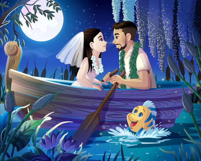 Little Mermaid-Inspired Commissioned Romantic Couple Portrait Boat Scene Digital File Only by Euodos image 5