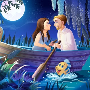 Little Mermaid-Inspired Commissioned Romantic Couple Portrait Boat Scene Digital File Only by Euodos image 7