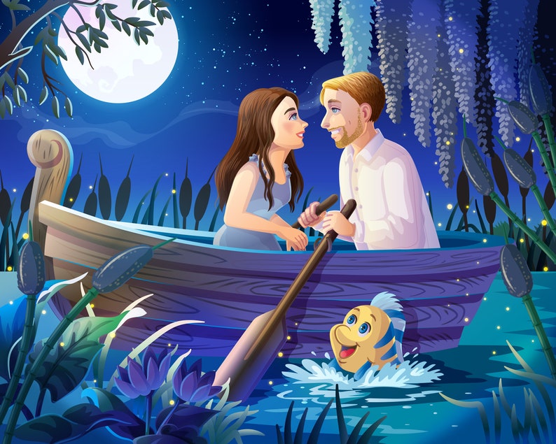 Little Mermaid-Inspired Commissioned Romantic Couple Portrait Boat Scene Digital File Only by Euodos image 7