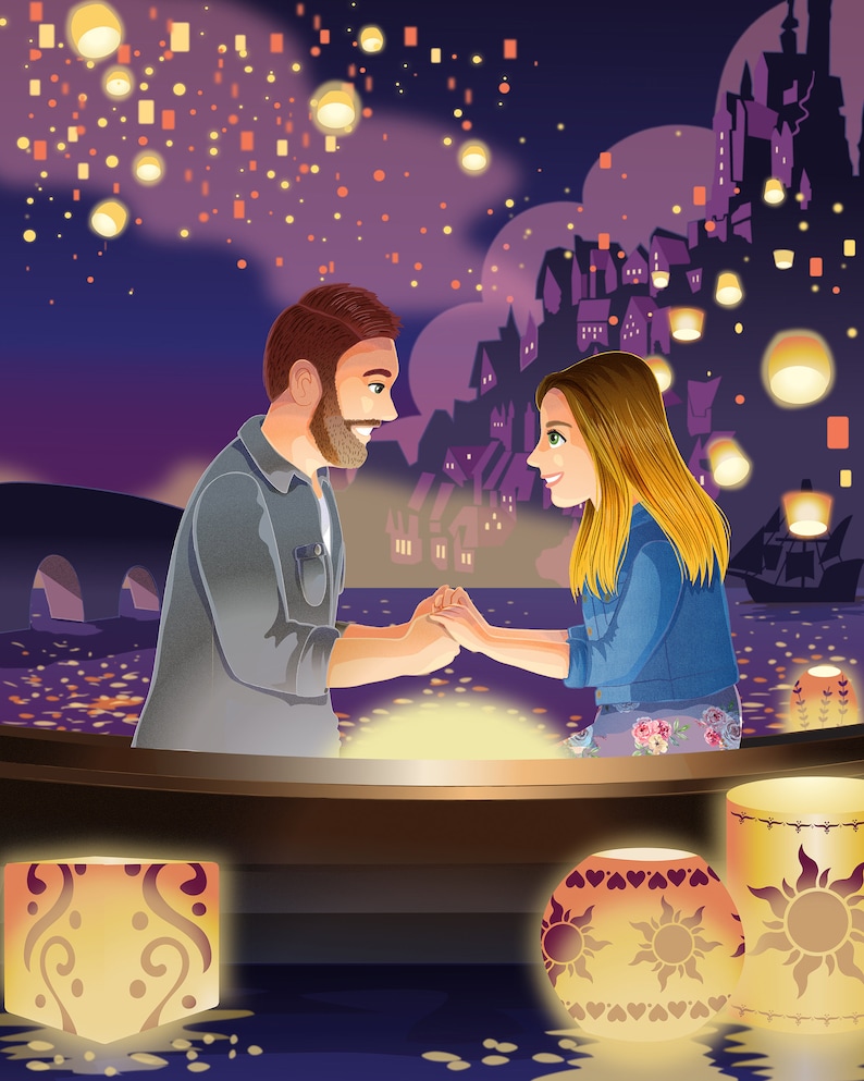 Tangled-Inspired Commissioned Couple Portrait Boat Scene Digital File Only with/without Animation by Euodos image 3