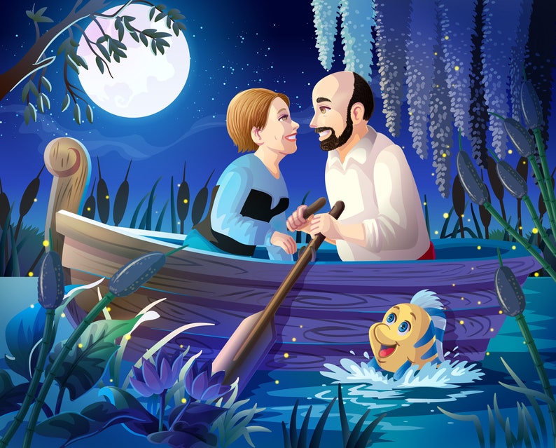 Little Mermaid-Inspired Commissioned Romantic Couple Portrait Boat Scene Digital File Only by Euodos image 4