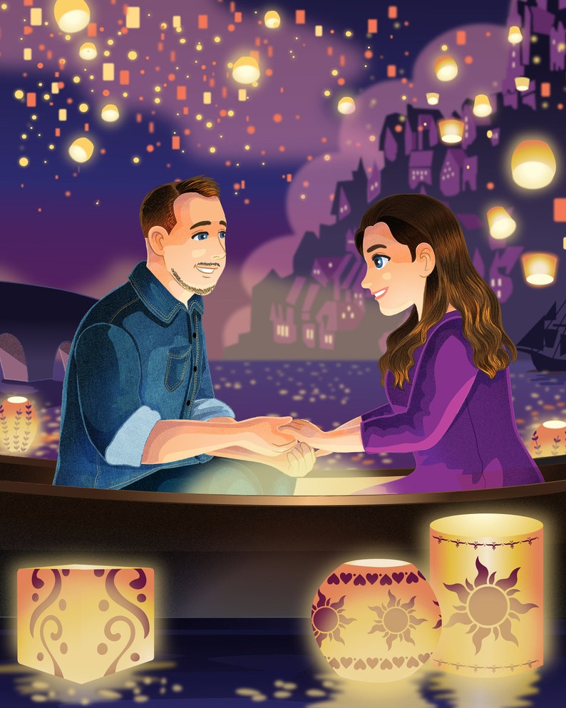 Tangled-Inspired Commissioned Couple Portrait Boat Scene Digital File Only with/without Animation by Euodos image 2