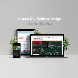 May include: A website design mockup for a math tutoring business called "MathHub". The website is built with the Divi website builder. The website features a black chalkboard with math equations written in white chalk. The website also features a navigation bar with links to "Home", "Gallery", "Testimonials", "Contact Us", "Location Map", and "Blog".