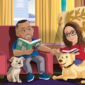 May include: A couple sits in armchairs reading books, with a dog lying on the floor between them. The man is wearing glasses and a blue shirt, while the woman is wearing glasses and a red shirt. There is a lamp on a table next to the woman, and a small table with two mugs on it next to the man. The dog is a light brown Labrador Retriever.