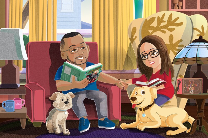 May include: A couple sits in armchairs reading books, with a dog lying on the floor between them. The man is wearing glasses and a blue shirt, while the woman is wearing glasses and a red shirt. There is a lamp on a table next to the woman, and a small table with two mugs on it next to the man. The dog is a light brown Labrador Retriever.