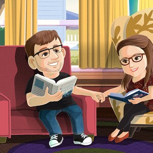 May include: A couple sits in armchairs reading books. The man is wearing glasses and a black shirt. The woman is wearing glasses and a red and black floral shirt. They are both smiling.