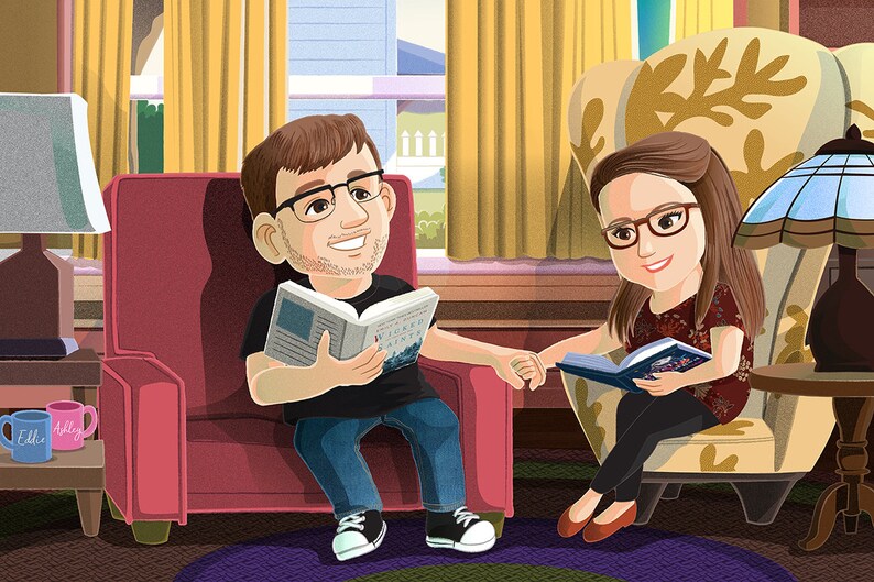 May include: A couple sits in armchairs reading books. The man is wearing glasses and a black shirt. The woman is wearing glasses and a red and black floral shirt. They are both smiling.