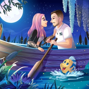 Little Mermaid-Inspired Commissioned Romantic Couple Portrait Boat Scene Digital File Only by Euodos image 6