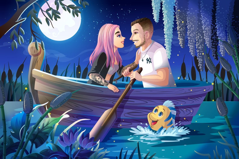 Little Mermaid-Inspired Commissioned Romantic Couple Portrait Boat Scene Digital File Only by Euodos image 6