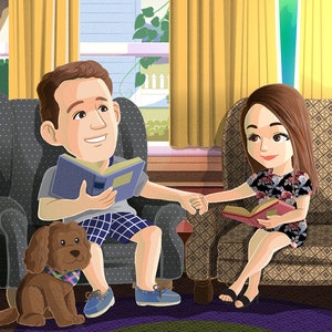 May include: A couple sits in armchairs reading books, a brown dog sits in front of the man. The woman is wearing a black and white floral dress and the man is wearing blue and white plaid shorts. The room is decorated with yellow curtains, a lamp, and a plant.