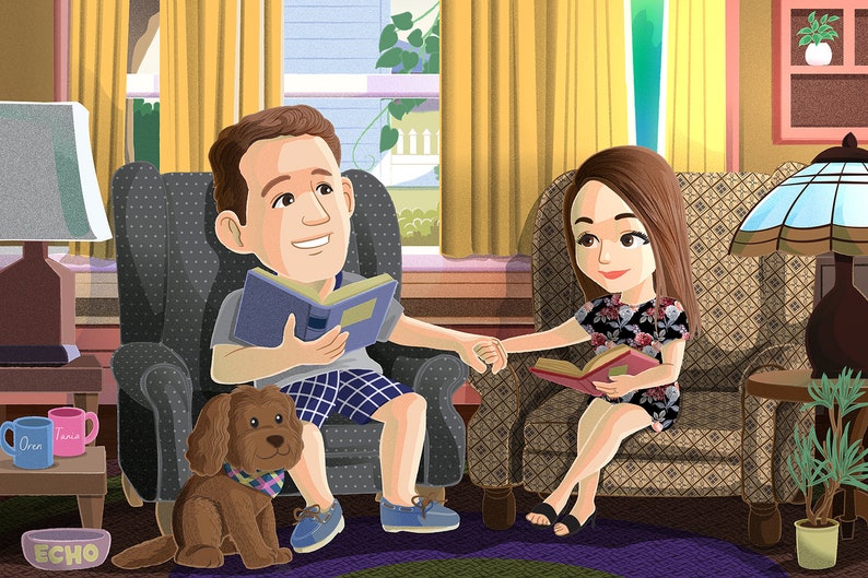 May include: A couple sits in armchairs reading books, a brown dog sits in front of the man. The woman is wearing a black and white floral dress and the man is wearing blue and white plaid shorts. The room is decorated with yellow curtains, a lamp, and a plant.