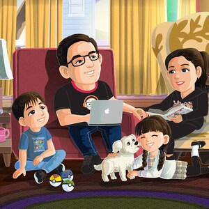 May include: A cartoon illustration of a family in their living room. The father is sitting in a red armchair, using a laptop. The mother is sitting in a cream armchair, reading a book. A young boy is sitting on the floor, playing with a toy. A young girl is sitting on the floor, petting a white dog.