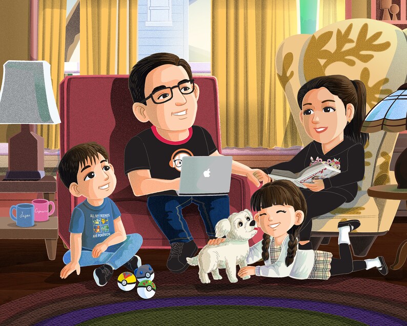 May include: A cartoon illustration of a family in their living room. The father is sitting in a red armchair, using a laptop. The mother is sitting in a cream armchair, reading a book. A young boy is sitting on the floor, playing with a toy. A young girl is sitting on the floor, petting a white dog.