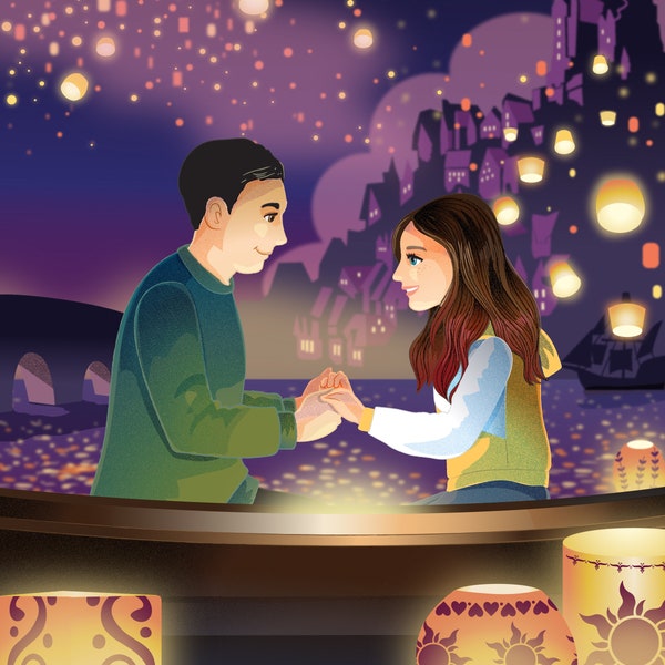 Tangled-Inspired Commissioned Couple Portrait Boat Scene - Digital File Only with/without Animation by Euodos