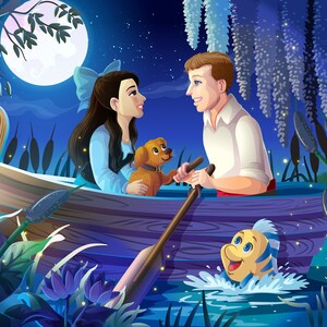 Couple portrait in a boat inspired by Little Mermaid.