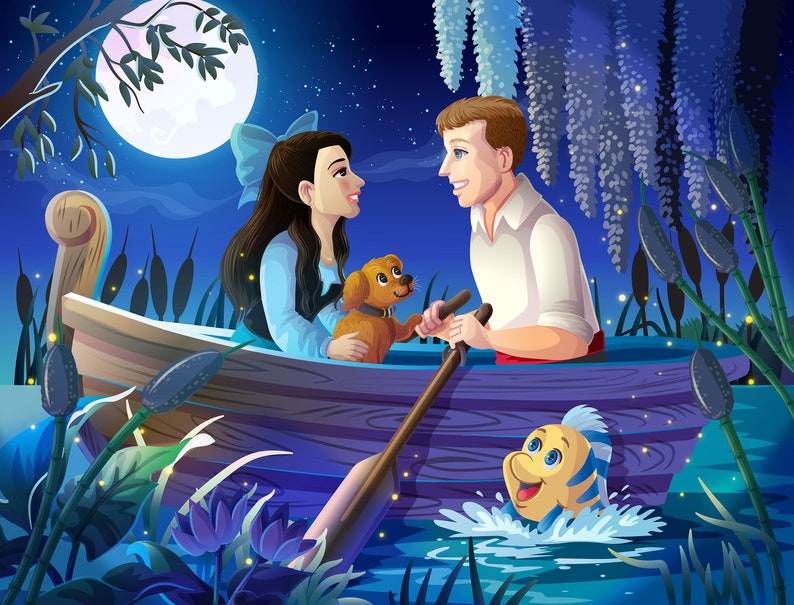 Couple portrait in a boat inspired by Little Mermaid.