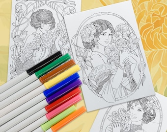 Art Nouveau Inspired Girls – Printable Adult Coloring Pages