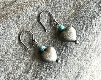 Brushed Sterling Silver Turquoise Heart Earrings, Free gift wrap and shipping