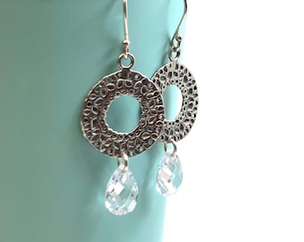 Retired Silpada Textured Silver Circle Earrings CZ, Free Shipping and Gift Wrap