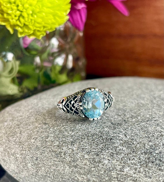 Vintage Victorian Blue Topaz Ring,  Size7, Free Gi