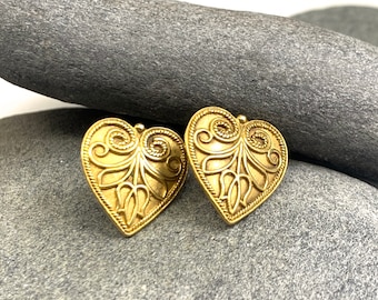 Gold Heart Earrings, 24kt Gold Gilt, Free Shipping and Free Gift Wrap- Holiday Gift
